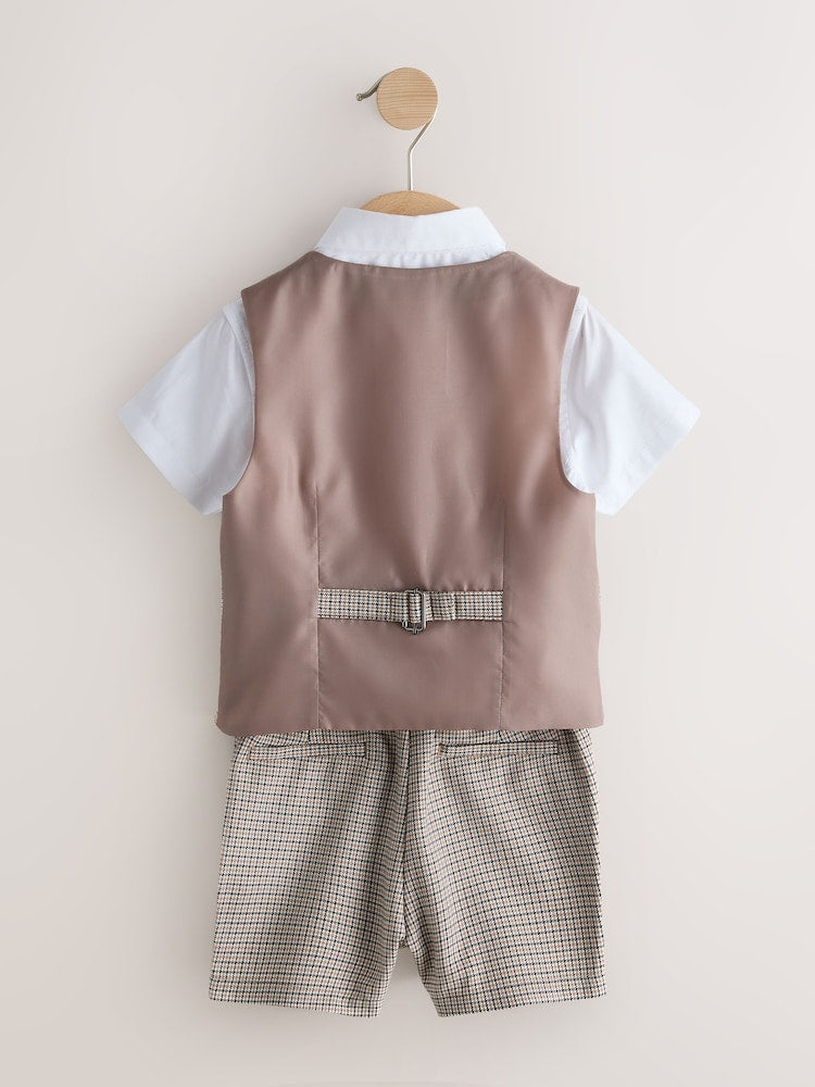 Brown Check Waistcoat, Shirt, Shorts & Tie Set (3mths-9yrs)