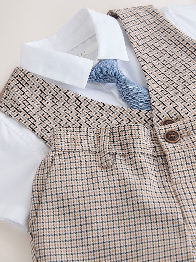 Brown Check Waistcoat, Shirt, Shorts & Tie Set (3mths-9yrs)