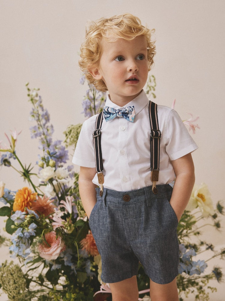 White/Blue Shirt Shorts Braces & Bow Tie Set (3mths-9yrs)