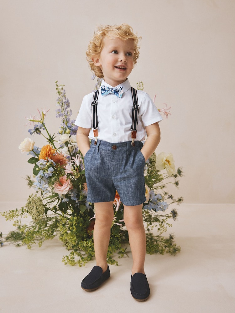 White/Blue Shirt Shorts Braces & Bow Tie Set (3mths-9yrs)