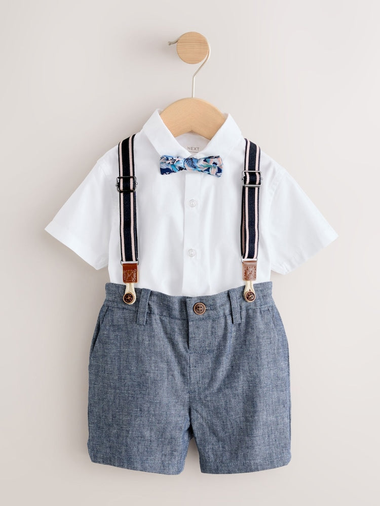 White/Blue Shirt Shorts Braces & Bow Tie Set (3mths-9yrs)