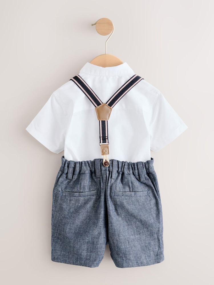 White/Blue Shirt Shorts Braces & Bow Tie Set (3mths-9yrs)