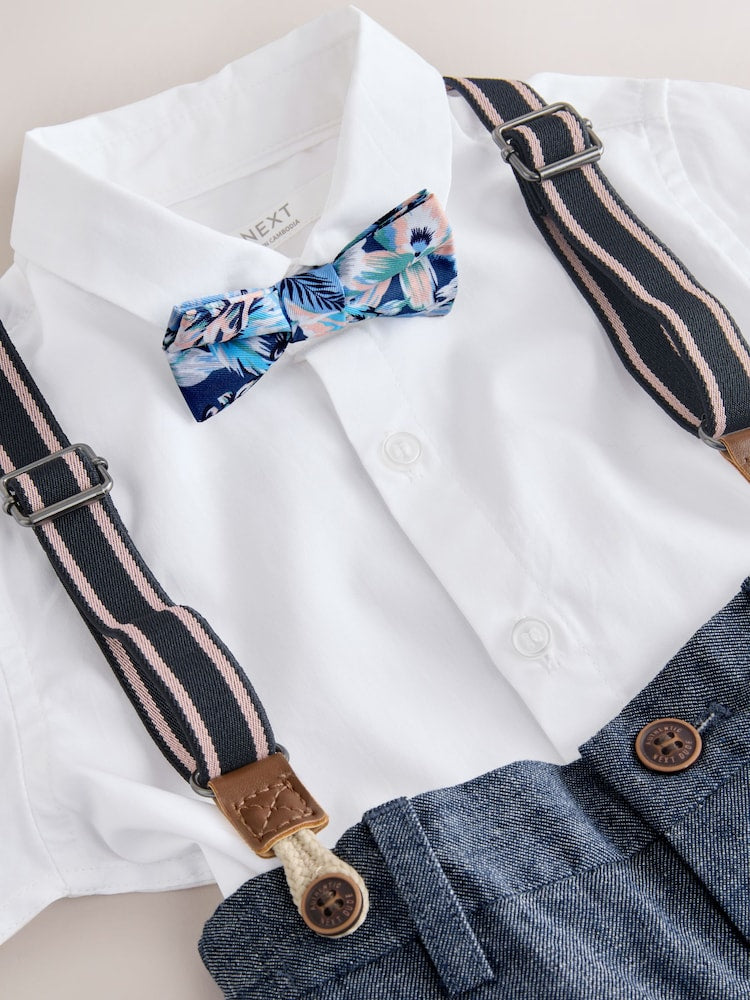 White/Blue Shirt Shorts Braces & Bow Tie Set (3mths-9yrs)