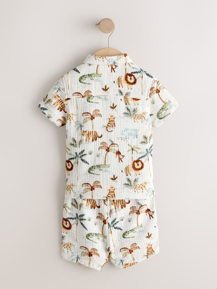 Ecru Safari Set Short Sleeve Double Cloth Shirt & Shorts Set (3mths-10yrs)