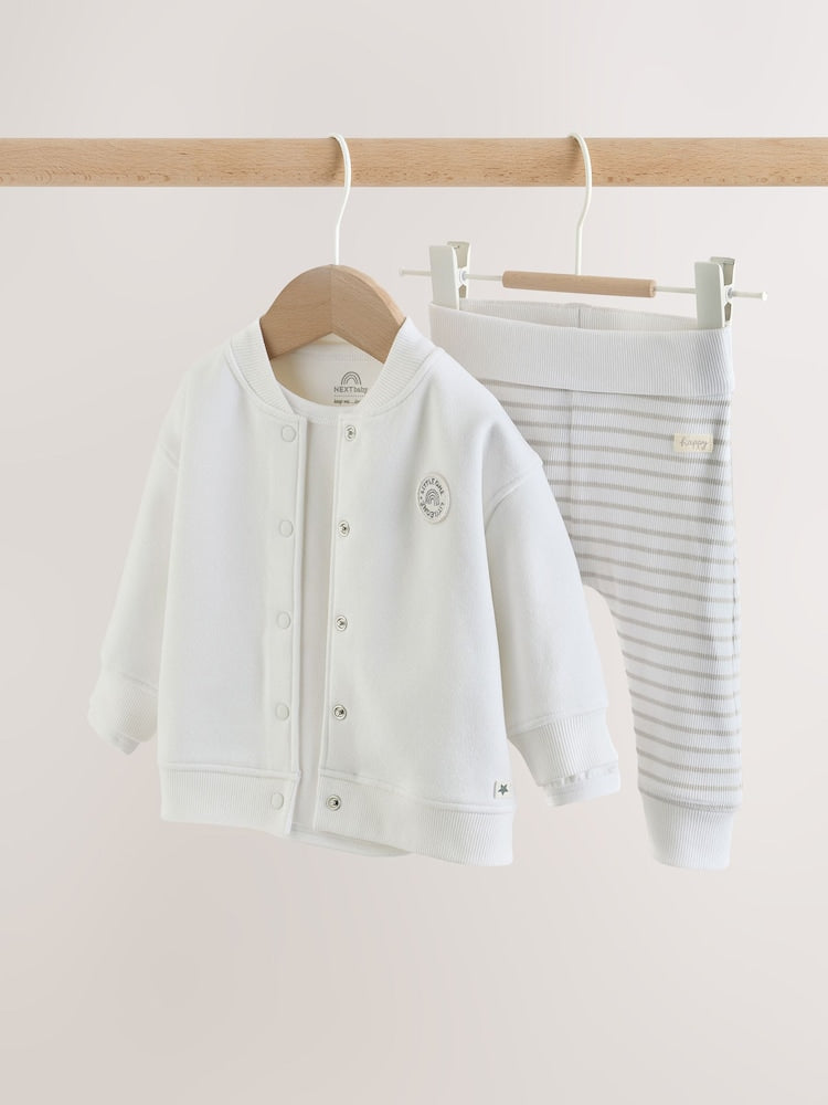 White Jersey Jacket Bodysuit and Leggings 3 Piece Baby Set (0mths-2yrs)