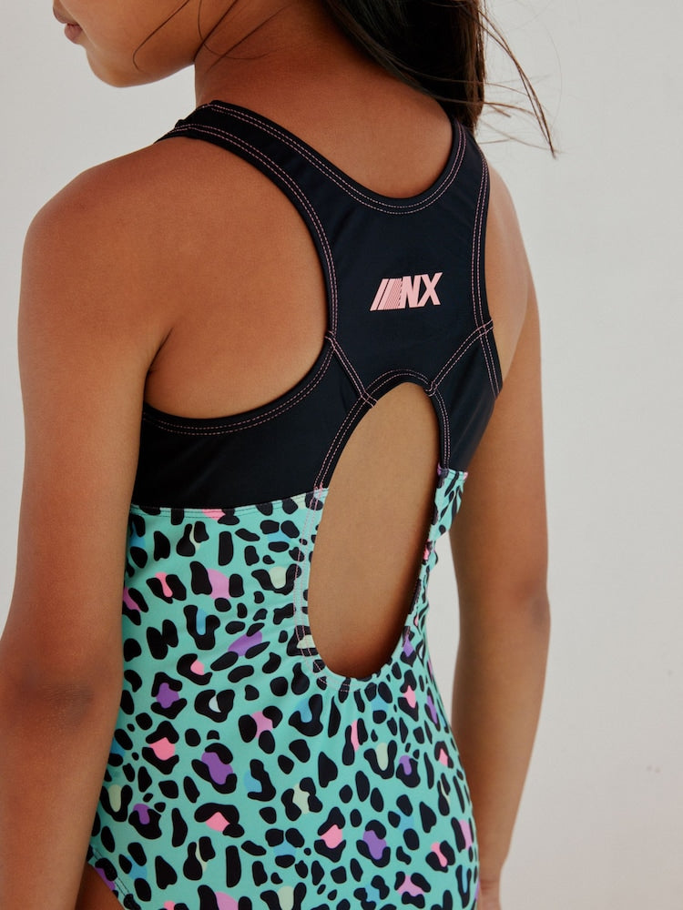 Turquoise Blue Animal Sports Open Back Swimsuit (3-16yrs)