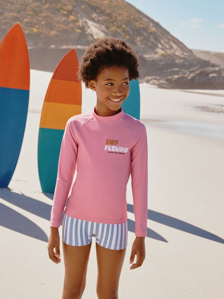 Pink/Blue Surf Graphic Long Sleeve Sunsafe Rash Vest And Shorts Set (3-16yrs)