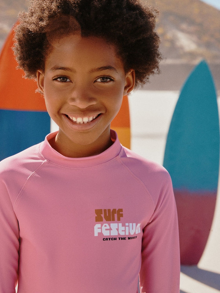 Pink/Blue Surf Graphic Long Sleeve Sunsafe Rash Vest And Shorts Set (3-16yrs)