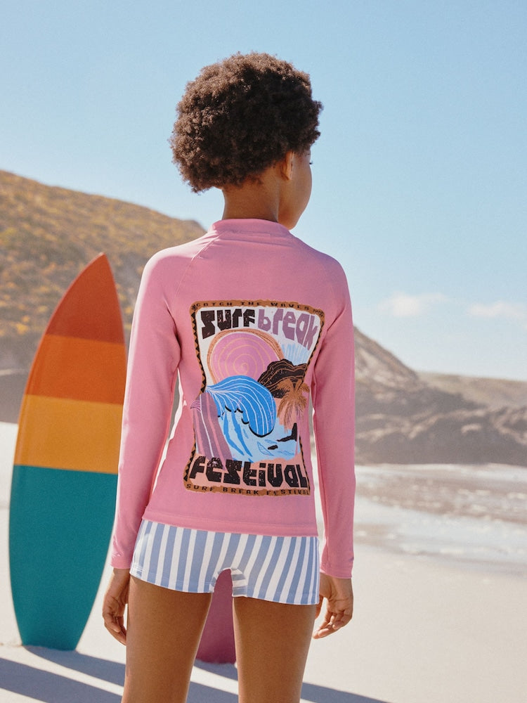 Pink/Blue Surf Graphic Long Sleeve Sunsafe Rash Vest And Shorts Set (3-16yrs)