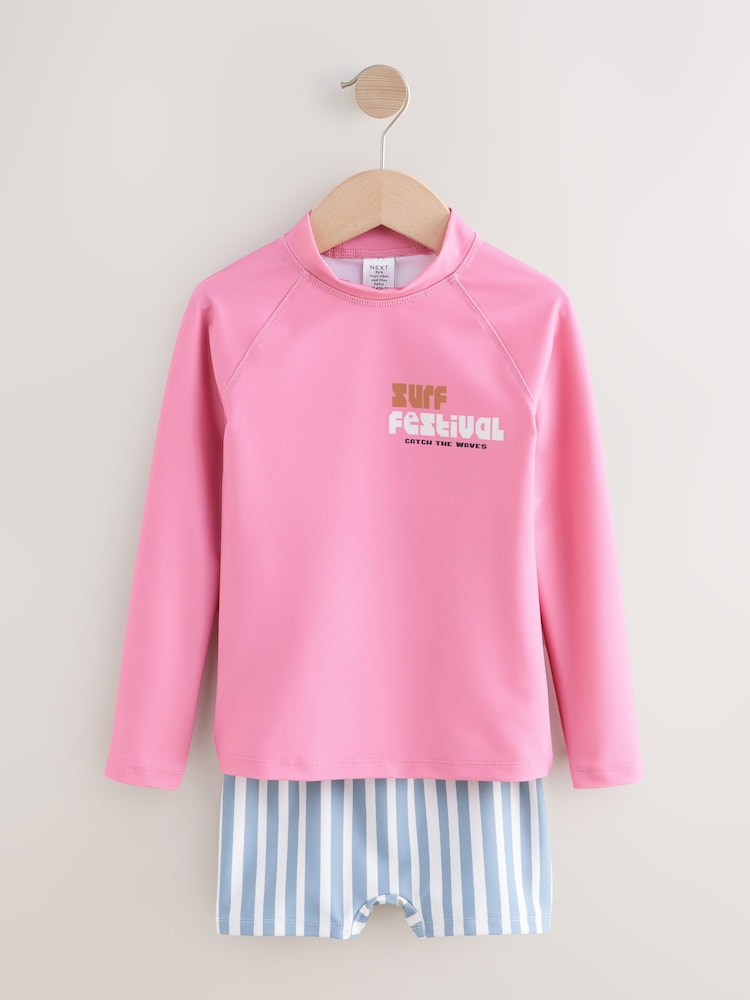 Pink/Blue Surf Graphic Long Sleeve Sunsafe Rash Vest And Shorts Set (3-16yrs)