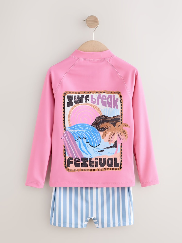 Pink/Blue Surf Graphic Long Sleeve Sunsafe Rash Vest And Shorts Set (3-16yrs)