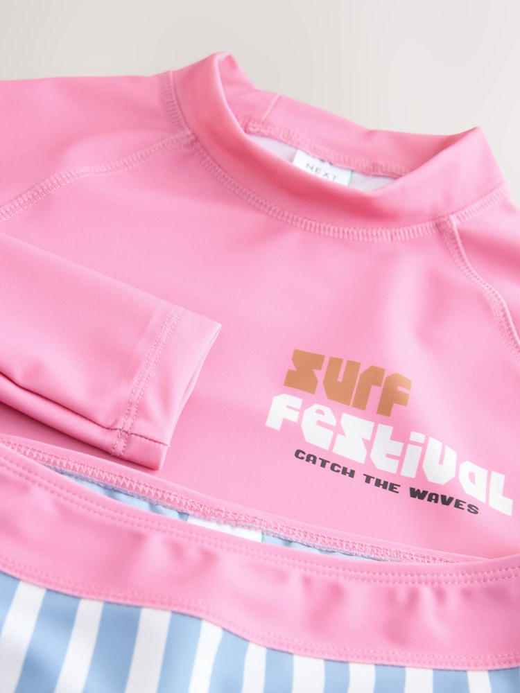 Pink/Blue Surf Graphic Long Sleeve Sunsafe Rash Vest And Shorts Set (3-16yrs)