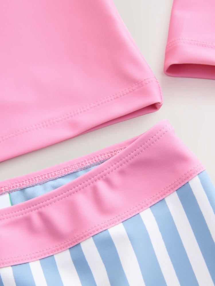 Pink/Blue Surf Graphic Long Sleeve Sunsafe Rash Vest And Shorts Set (3-16yrs)