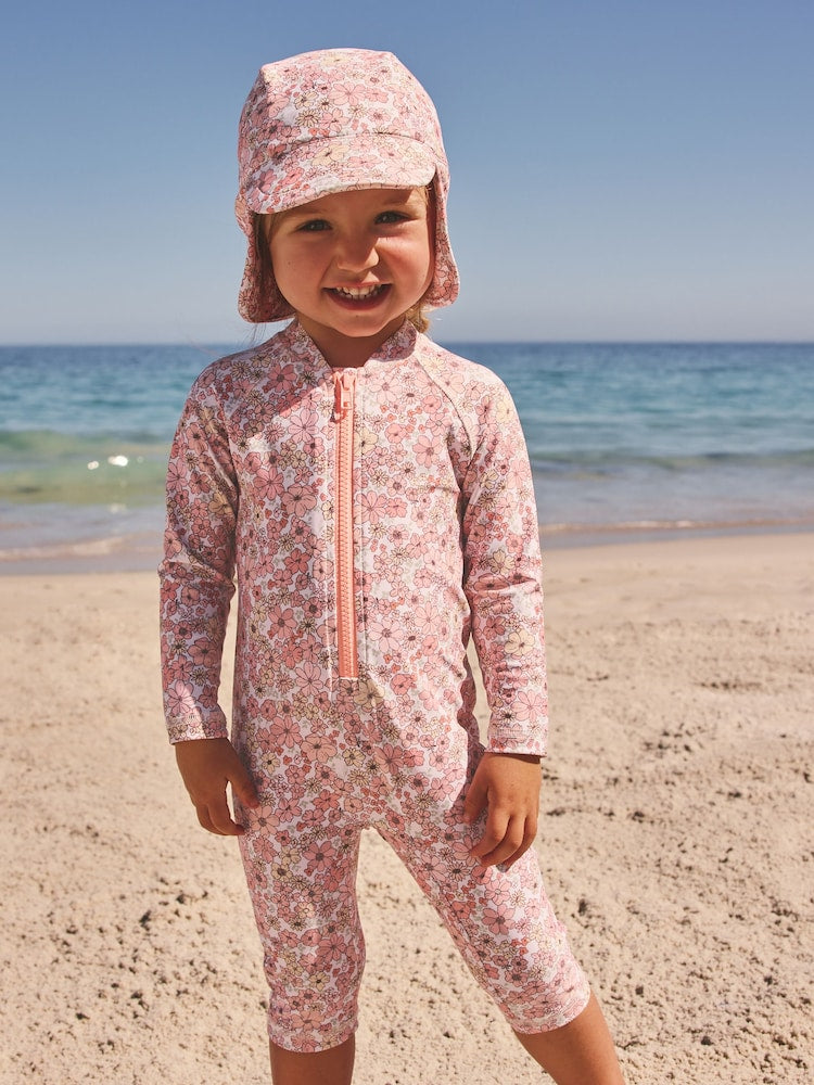 Coral Pink Ditsy Floral Long Leg Sunsafe Swimsuit (3mths-7yrs)