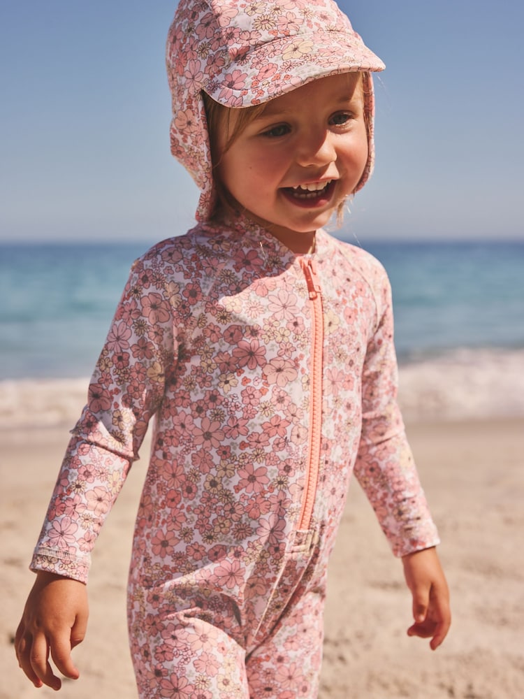 Coral Pink Ditsy Floral Long Leg Sunsafe Swimsuit (3mths-7yrs)