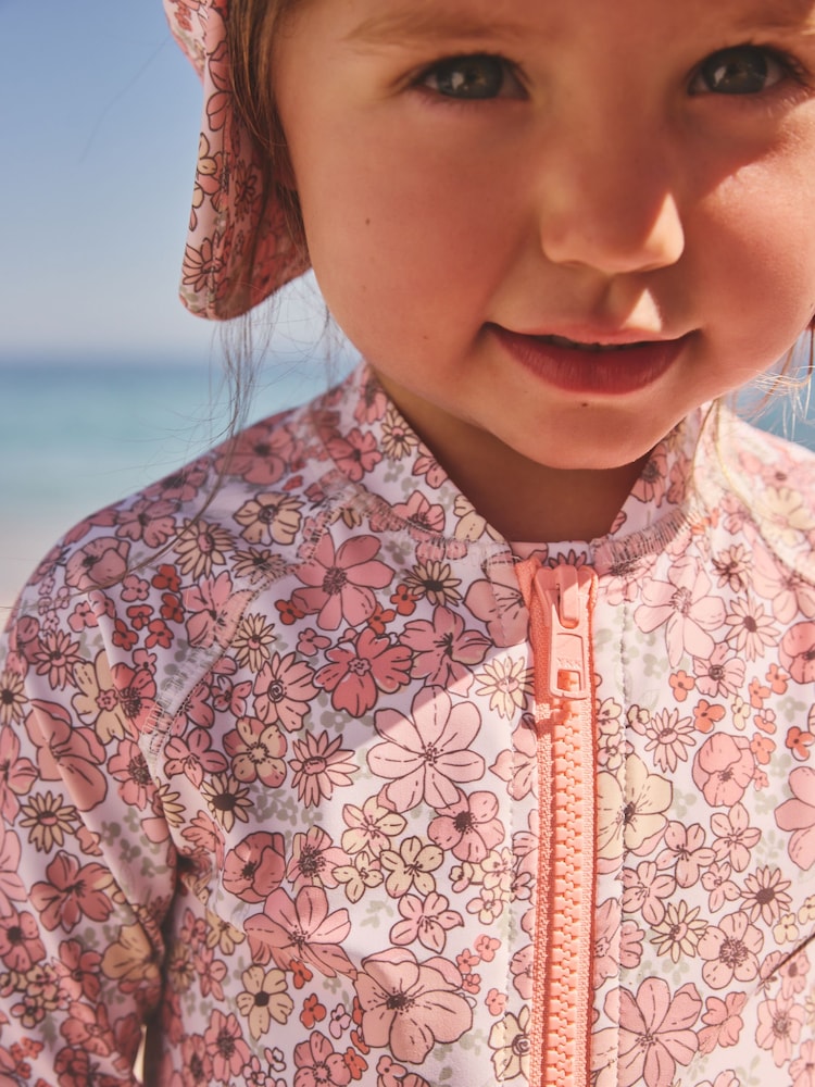 Coral Pink Ditsy Floral Long Leg Sunsafe Swimsuit (3mths-7yrs)