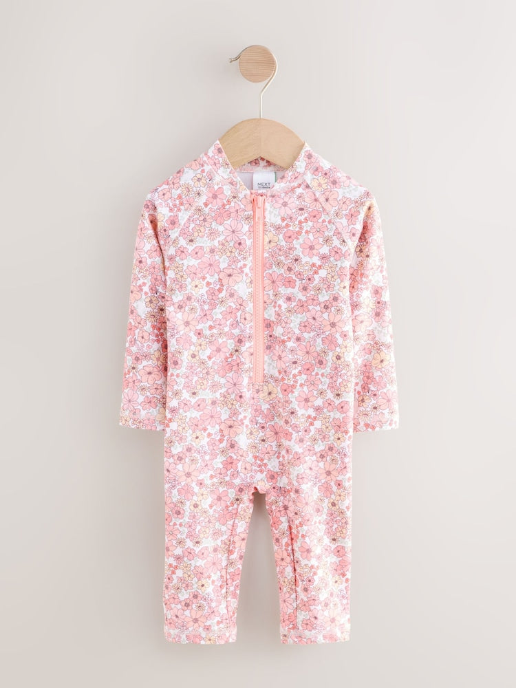 Coral Pink Ditsy Floral Long Leg Sunsafe Swimsuit (3mths-7yrs)