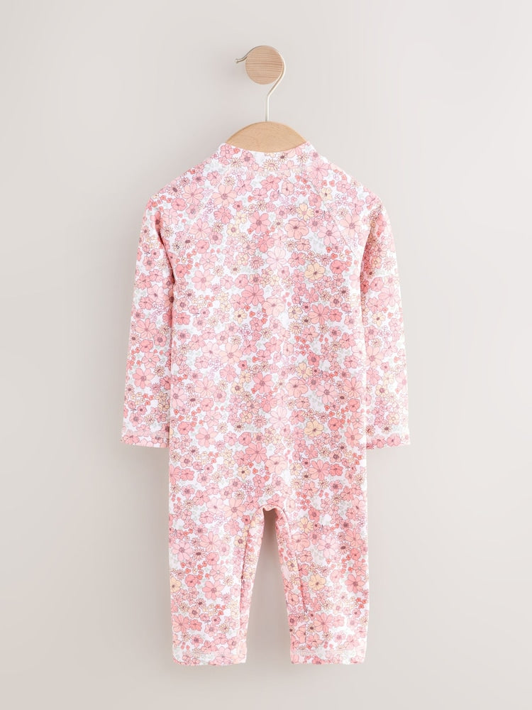 Coral Pink Ditsy Floral Long Leg Sunsafe Swimsuit (3mths-7yrs)