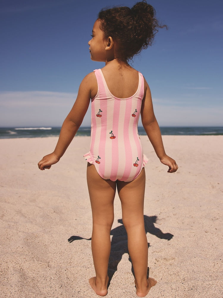 Pink Cherry Stripe Frill Leg Swimsuit (3mths-7yrs) - Size 3-6 Months (62-68cm)