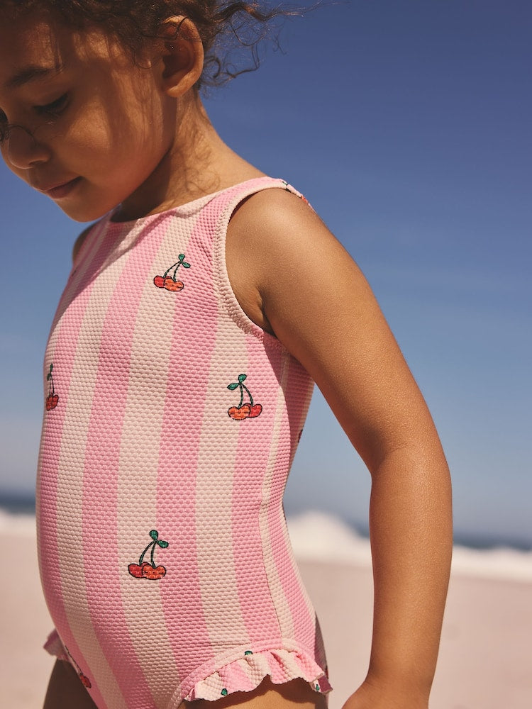 Pink Cherry Stripe Frill Leg Swimsuit (3mths-7yrs) - Size 3-6 Months (62-68cm)
