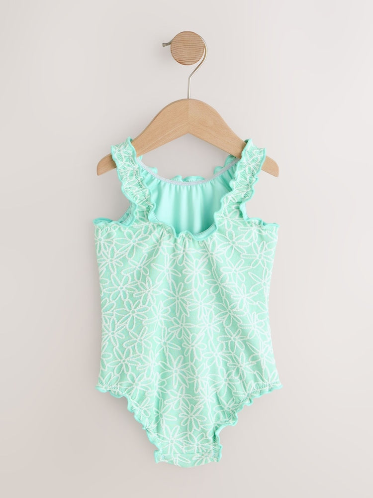 Mint Green Floral Texture Lettuce Edge Swimsuit (3mths-7yrs) - Size 3-6 Months (62-68cm)