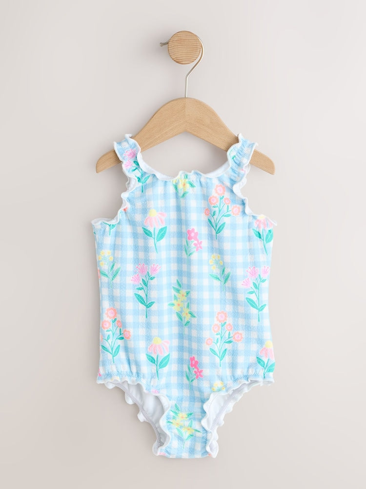 Blue Floral Gingham Lettuce Edge Swimsuit (3mths-7yrs)