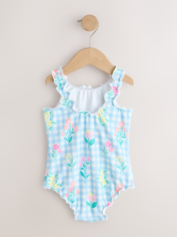 Blue Floral Gingham Lettuce Edge Swimsuit (3mths-7yrs)