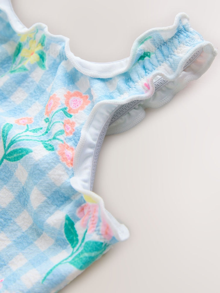Blue Floral Gingham Lettuce Edge Swimsuit (3mths-7yrs)