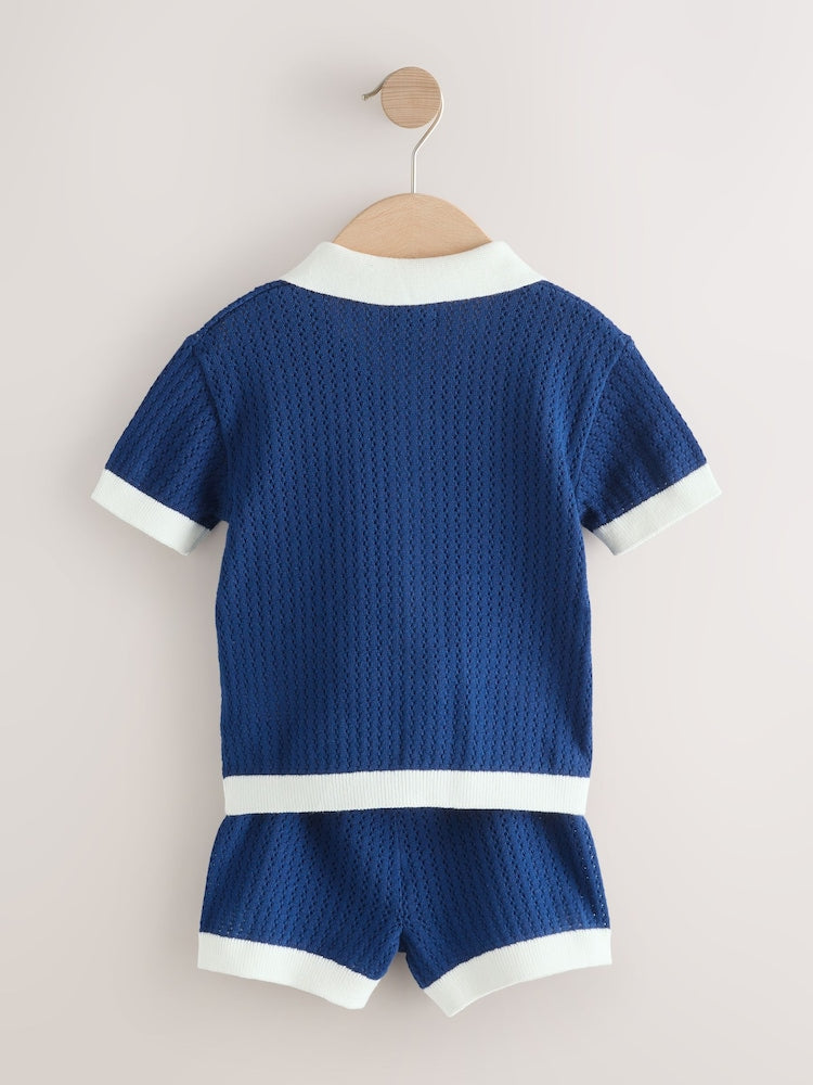 Navy Blue Knitted Polo Shirt and Shorts Set (3mths-10yrs)