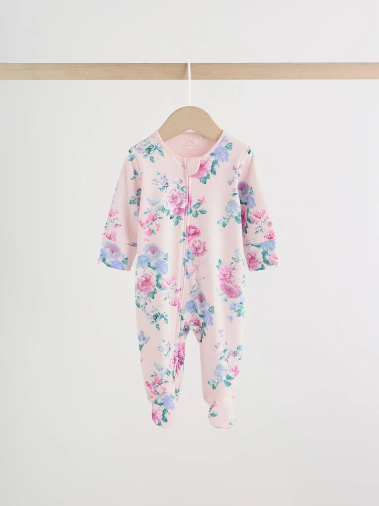 Pink Two Way Zip Baby Sleepsuit 3 Pack (0-2yrs)
