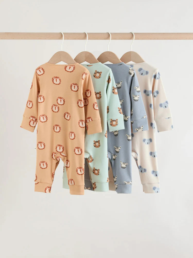 Multi Safari Animal Baby Sleepsuits 4 Pack (0mths-3yrs)