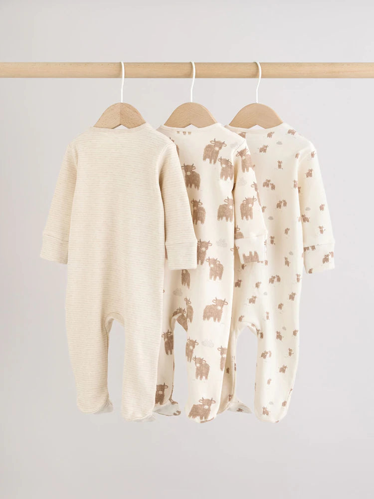 Neutral Hamish Two Way Zip Baby Sleepsuits 3 Pack (0-2yrs)