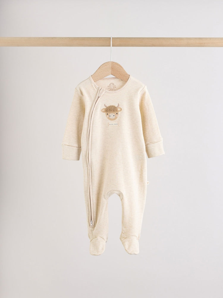 Neutral Hamish Two Way Zip Baby Sleepsuits 3 Pack (0-2yrs)