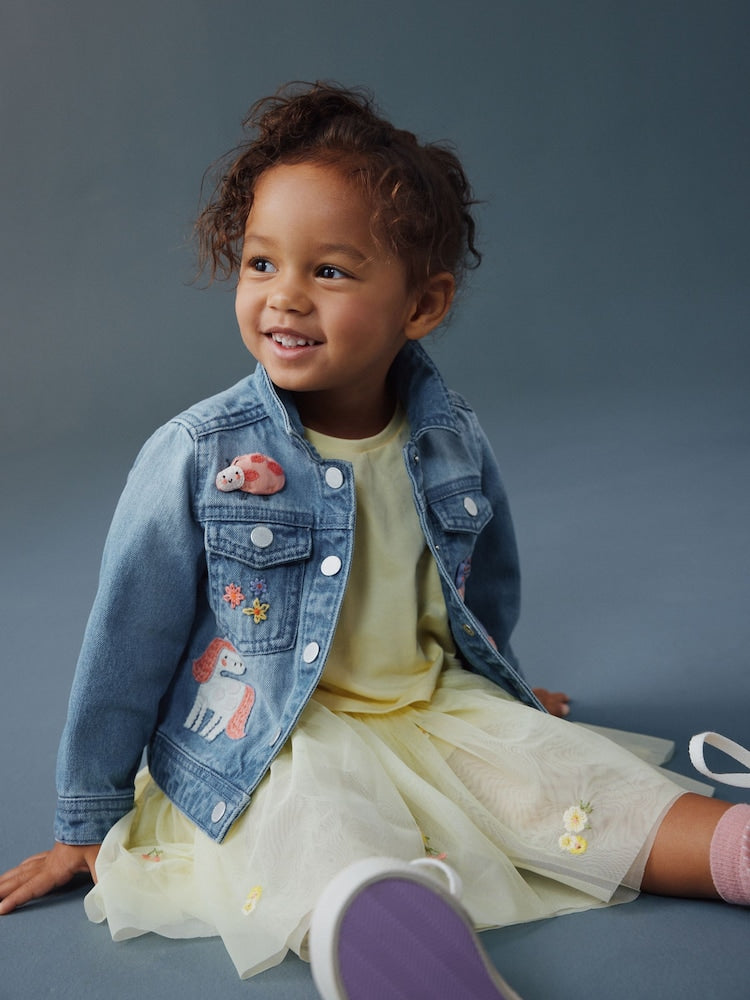 Mid Blue Denim Unicorn Embroidered Western Jacket (3mths-7yrs)