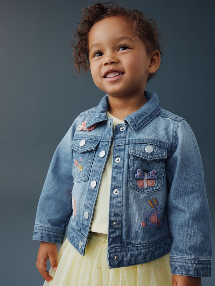Mid Blue Denim Unicorn Embroidered Western Jacket (3mths-7yrs)