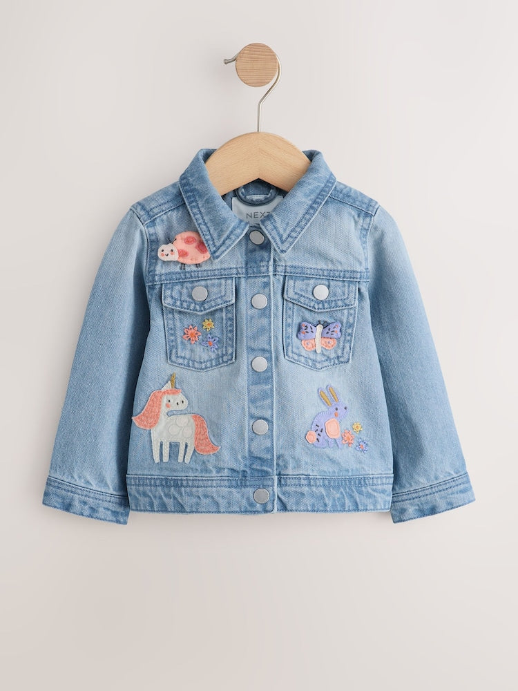 Mid Blue Denim Unicorn Embroidered Western Jacket (3mths-7yrs)