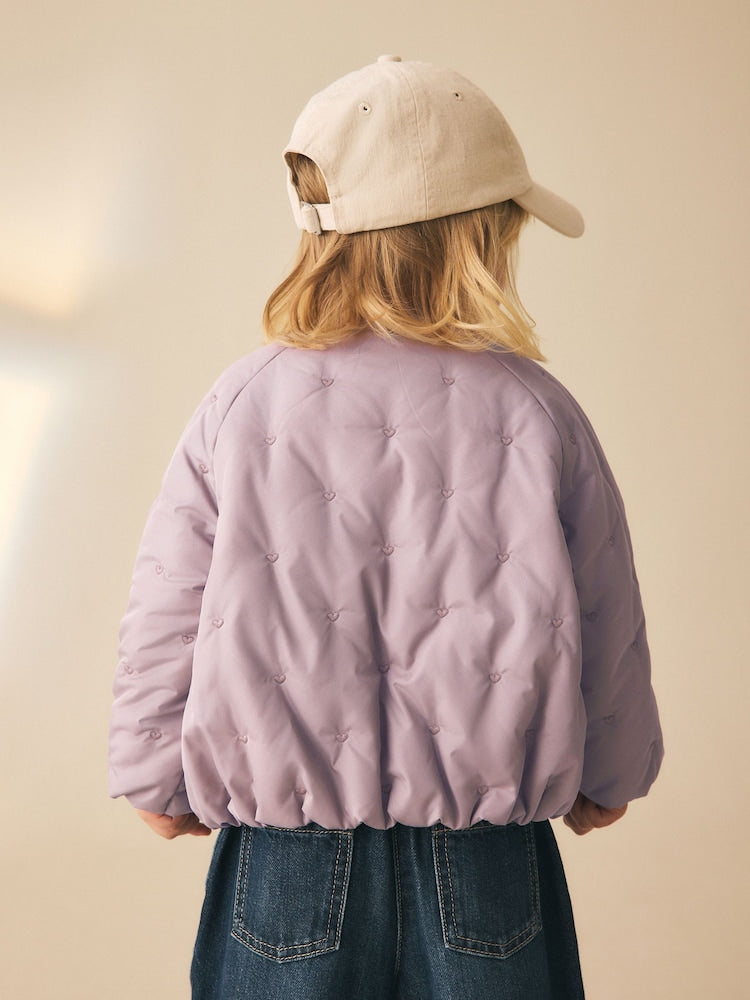 Lilac Heart Embroidered Shower Resistant Bubble Hem Coat (3mths-7yrs)