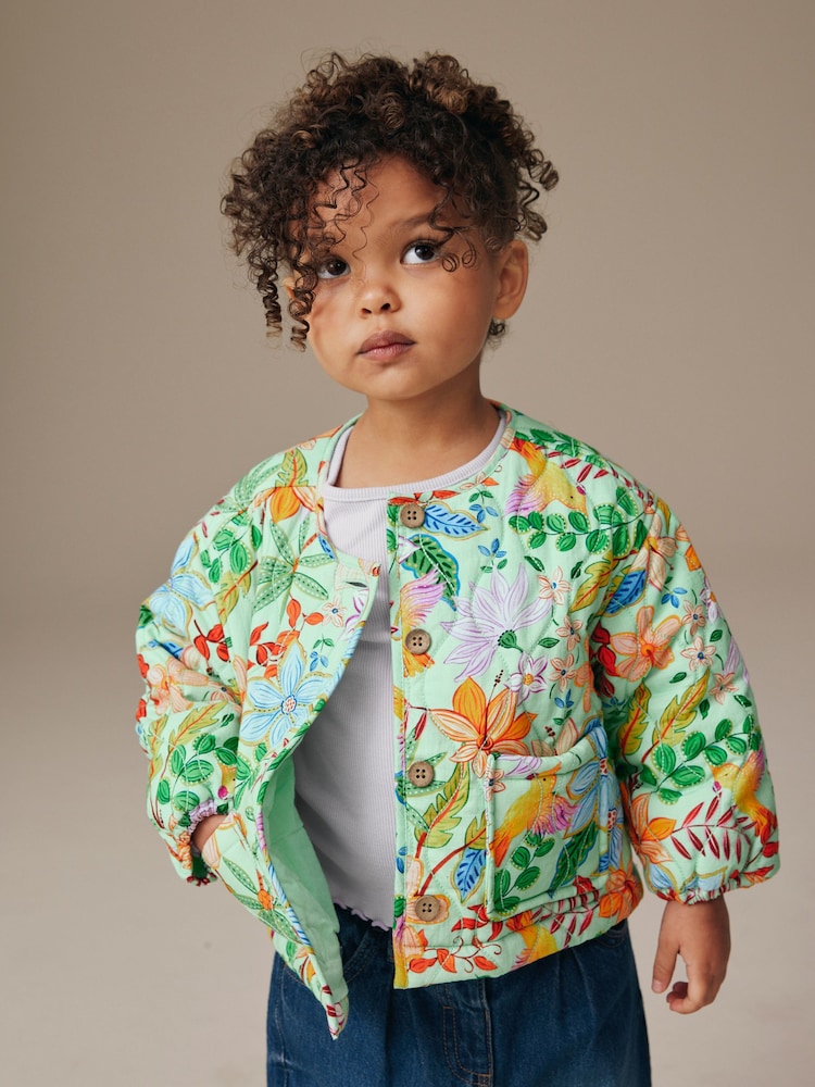 Green Floral Printed Quilted Jacket (3mths-7yrs)