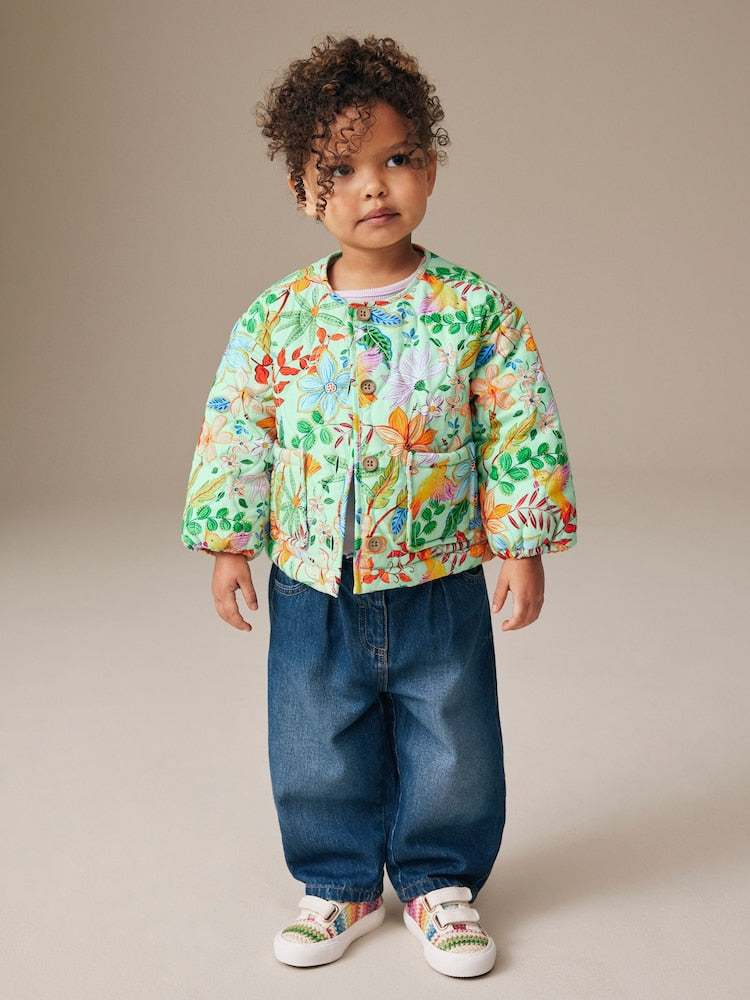 Green Floral Printed Quilted Jacket (3mths-7yrs)