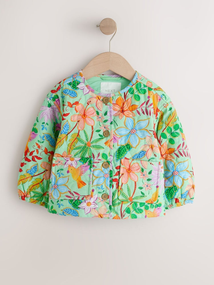 Green Floral Printed Quilted Jacket (3mths-7yrs)