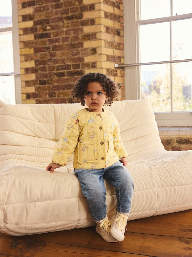 Yellow Flowers Printed Quilted Jacket (3mths-7yrs)