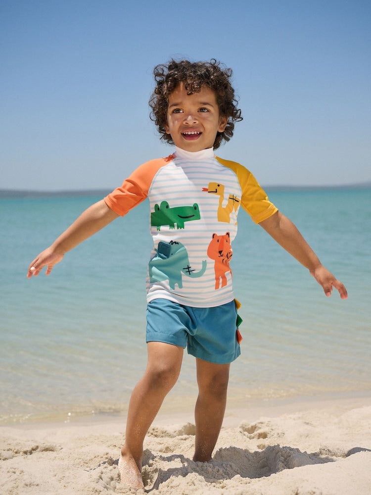White/Red/Yellow Short Sleeve Sunsafe Rash Vest and Swim Shorts Set (3mths-7yrs) - Size 3-6 Months (62-68cm)