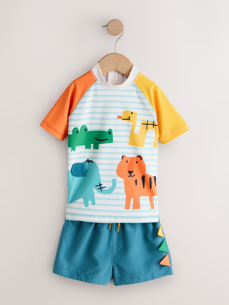 White/Red/Yellow Short Sleeve Sunsafe Rash Vest and Swim Shorts Set (3mths-7yrs) - Size 3-6 Months (62-68cm)