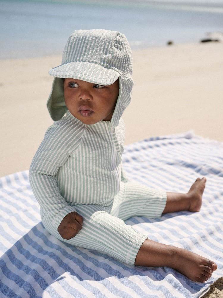 Mint Green Striped Sunsafe Swimsuit and Hat Set (3mths-7yrs)