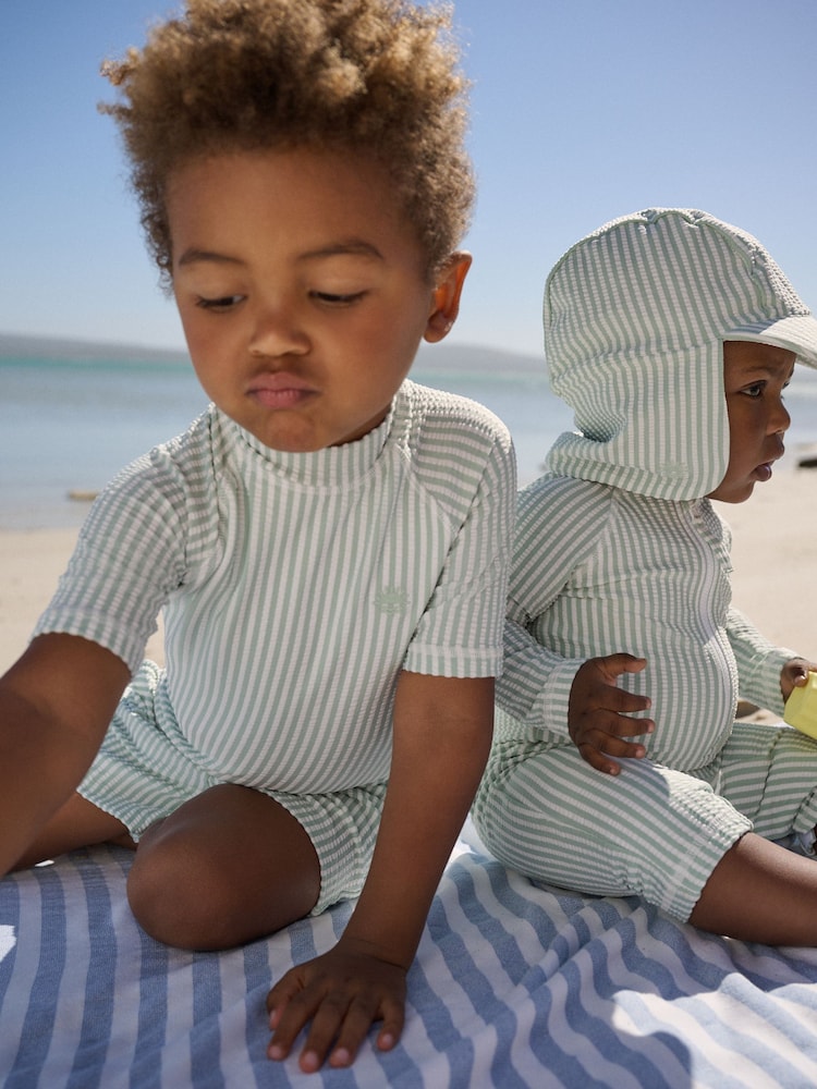 Mint Green Striped Sunsafe Swimsuit and Hat Set (3mths-7yrs)