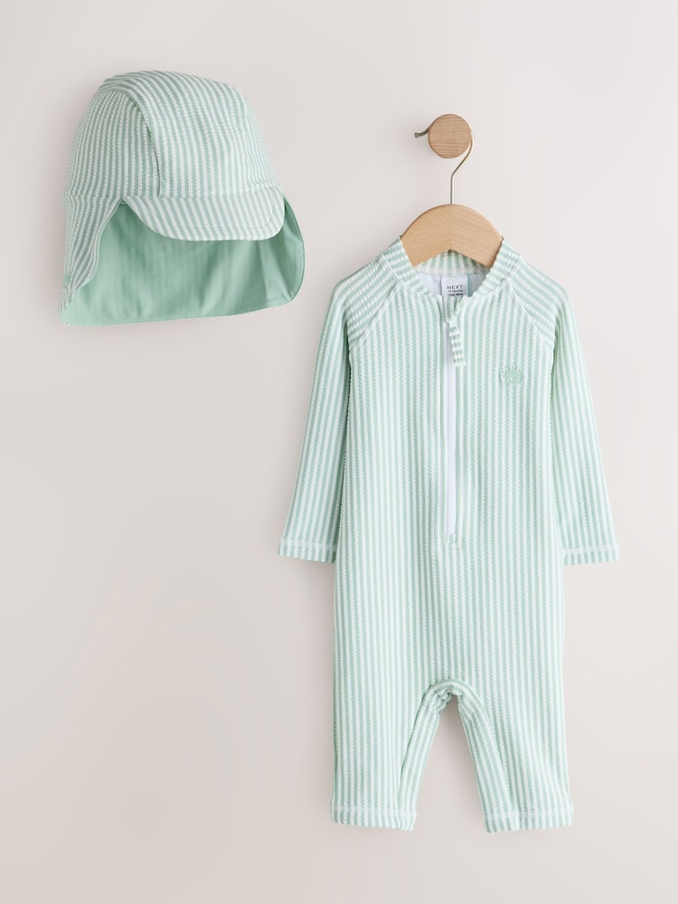 Mint Green Striped Sunsafe Swimsuit and Hat Set (3mths-7yrs)