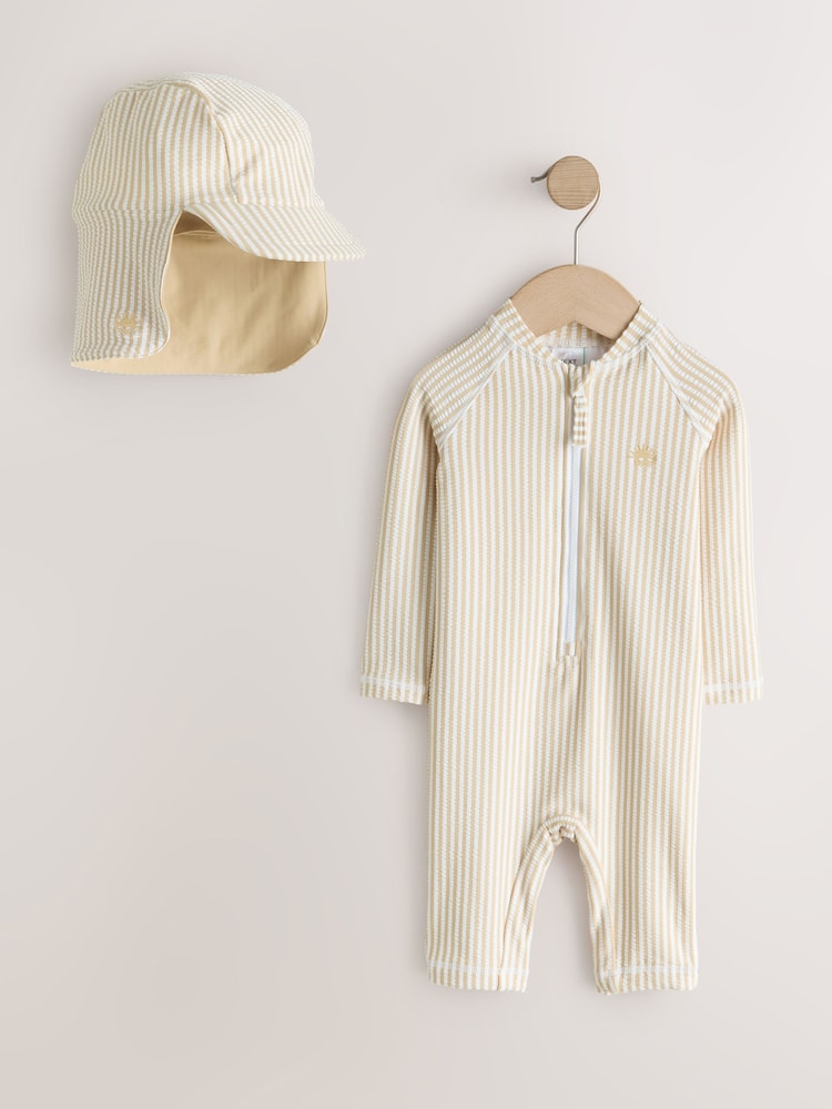 Neutral Striped Sunsafe Swimsuit and Hat Set (3mths-7yrs)