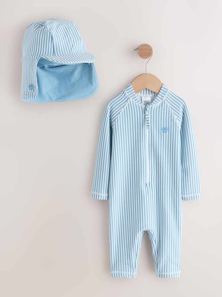 Light Blue Striped Sunsafe Swimsuit and Hat Set (3mths-7yrs)