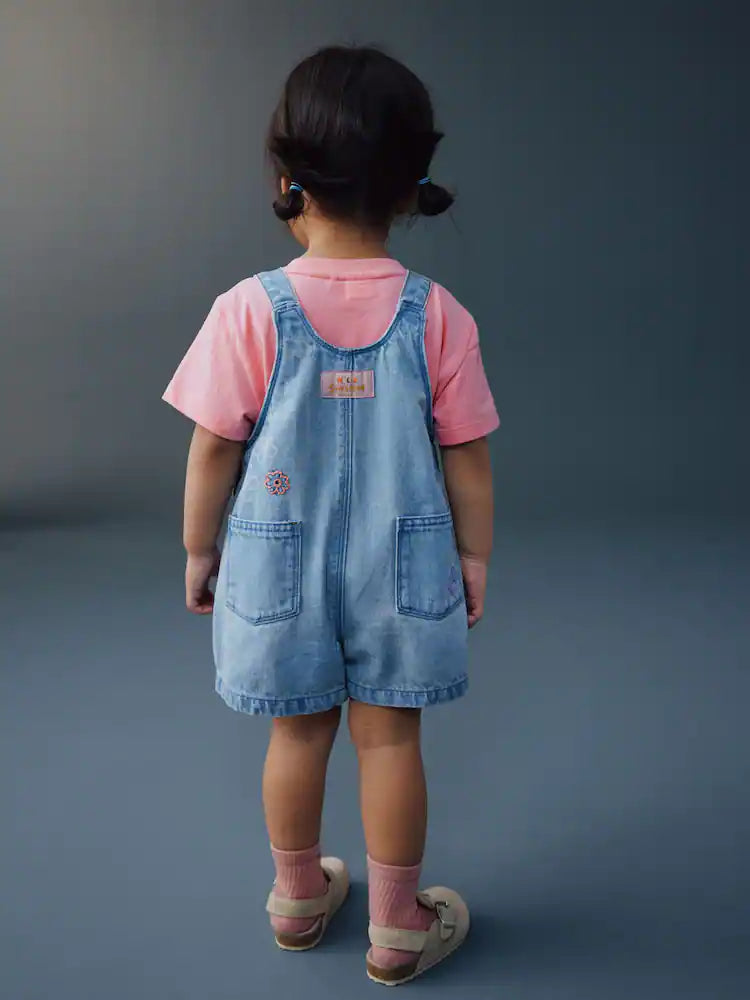 Light Blue Denim Ladybug Embroidered Dungaree and T-Shirt Set (3mths-7yrs)