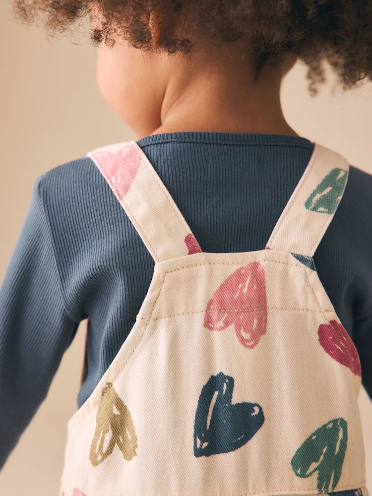 Ecru Heart Print Dungarees and T-Shirt Set (3mths-7yrs)